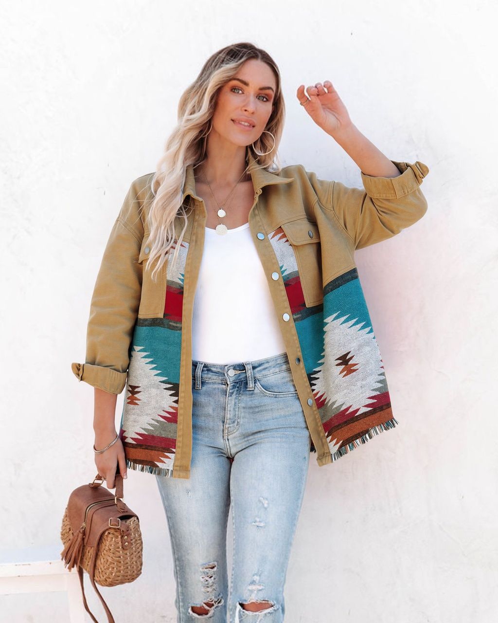 Aztec Button Down Denim Jacket Beige