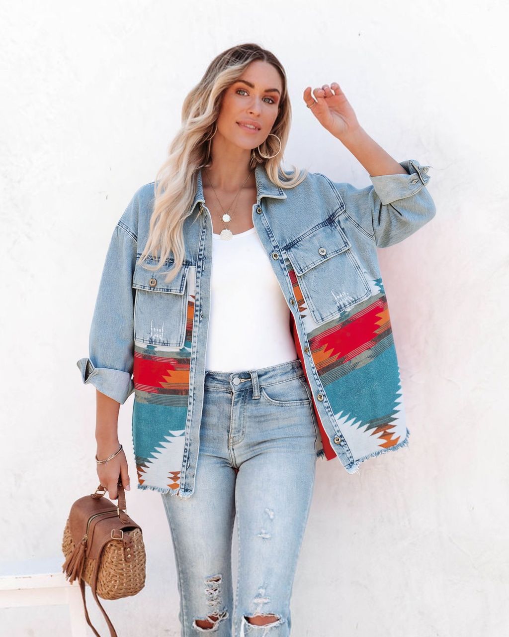 Aztec Button Down Denim Jacket Blue