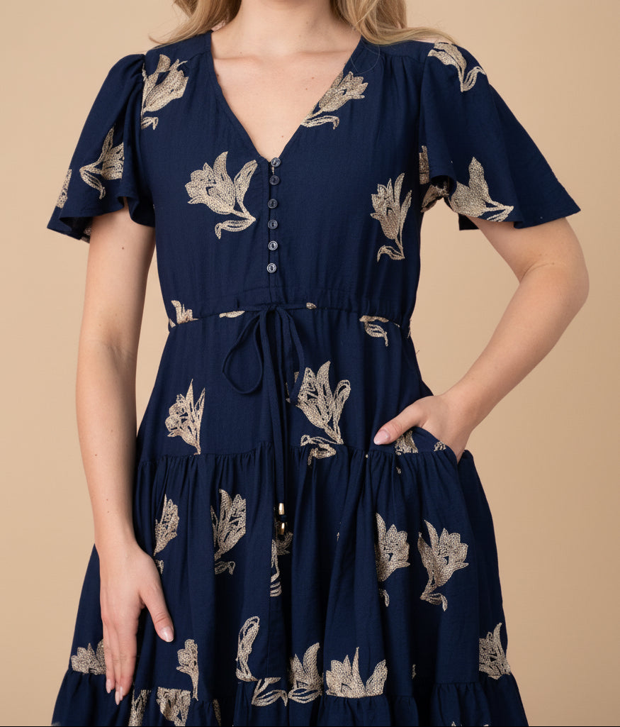 Mali Gold Petal Dress Navy