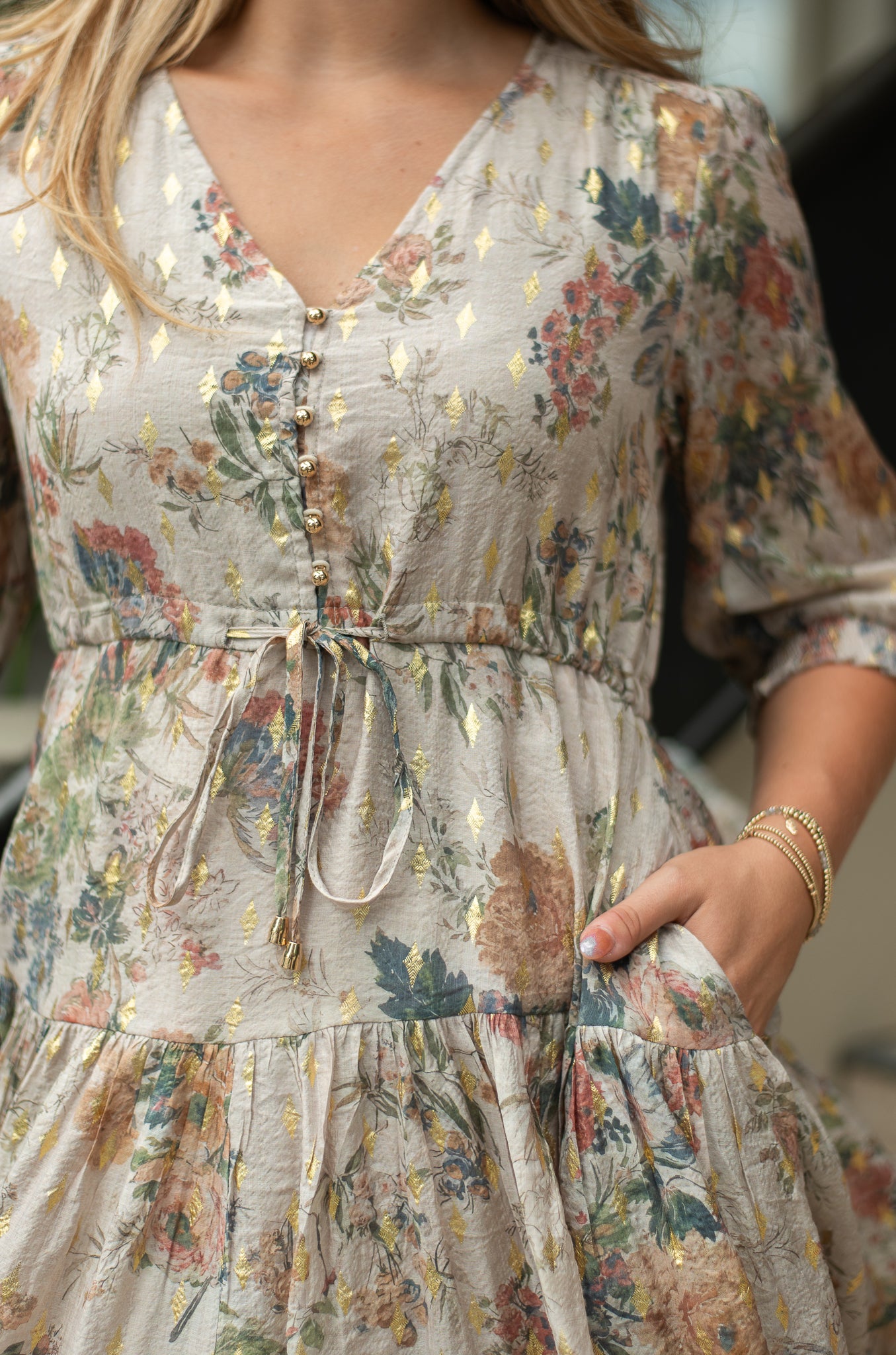 Serena Gold Leaf Short Dress Beige