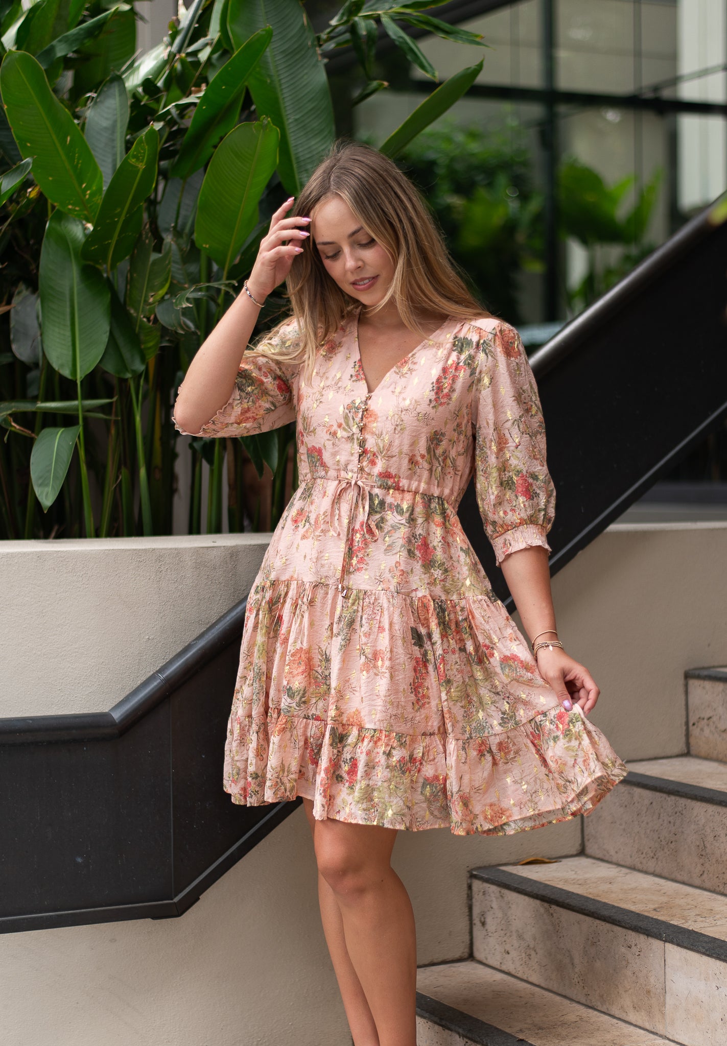 Serena Gold Leaf Short Dress Pink