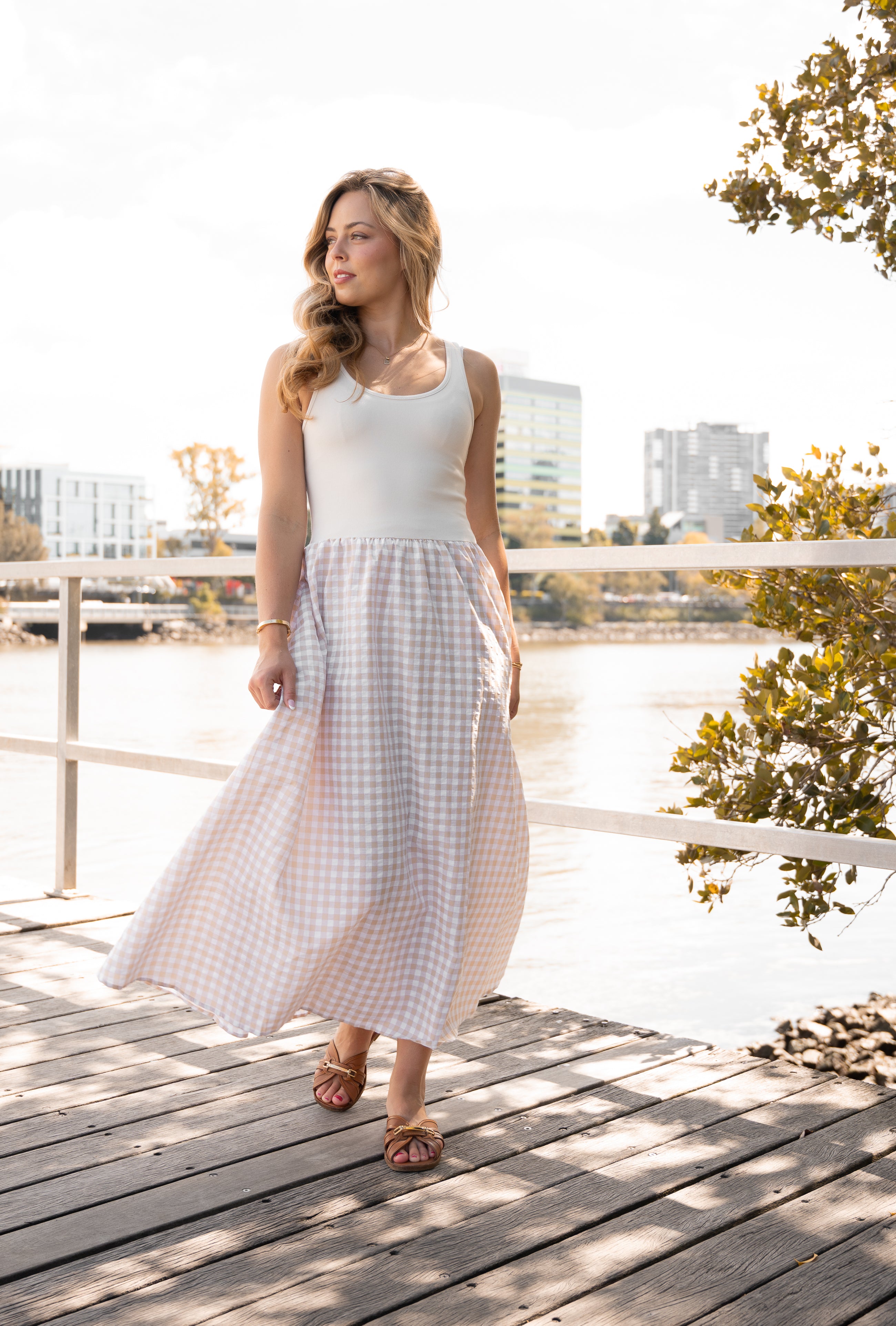 Harmony Gingham Dress Beige