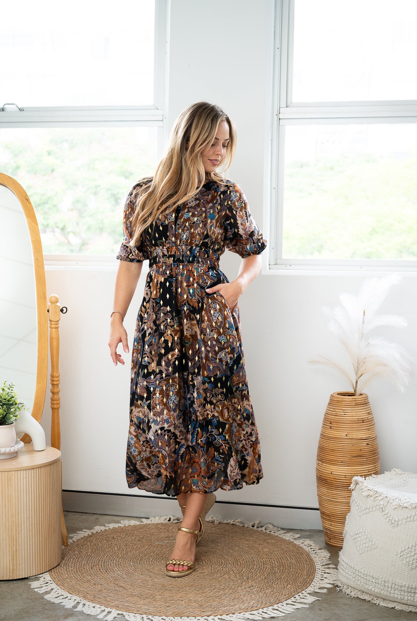 Batic Floral Midi Dress Black