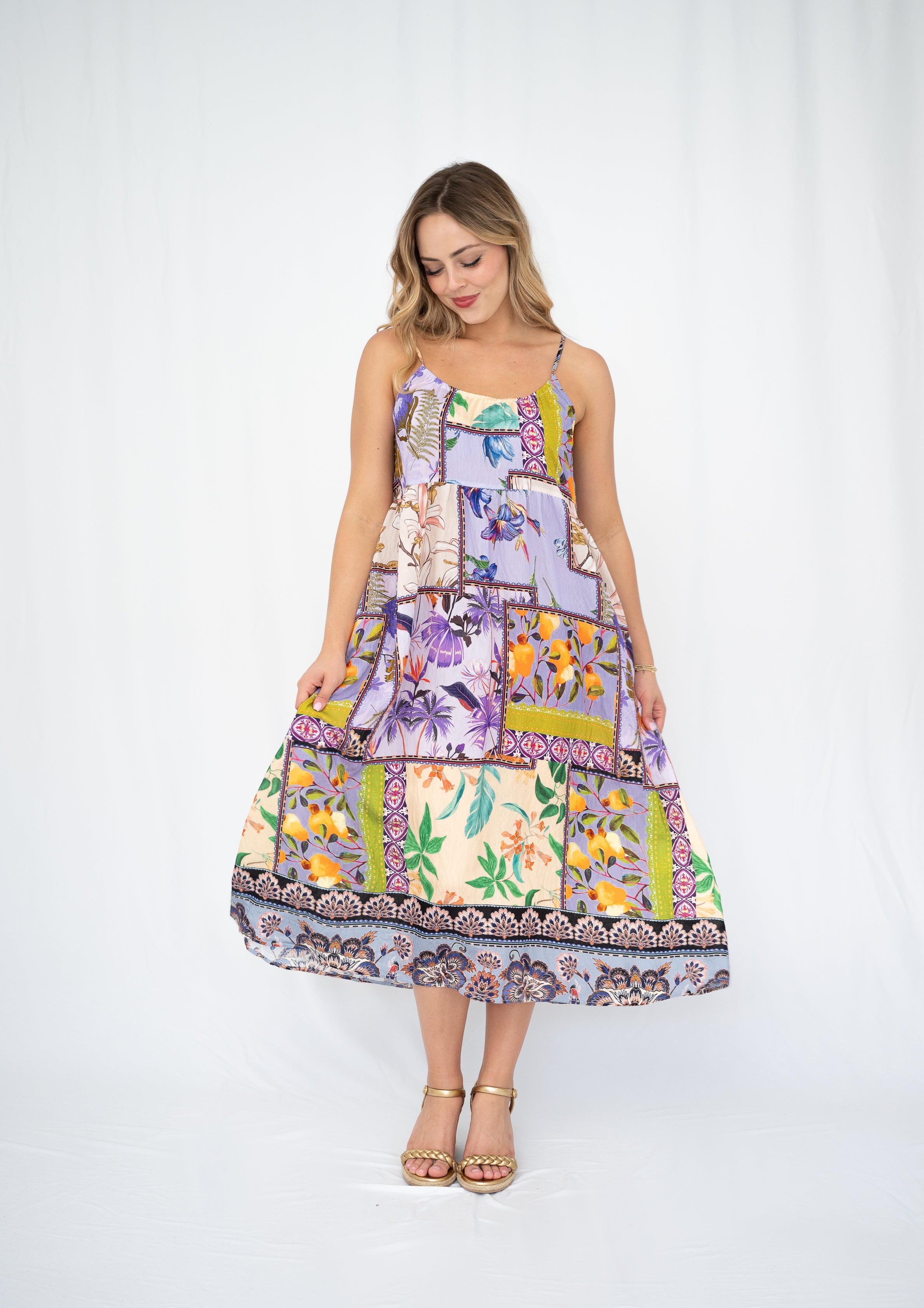 Patchwork Border Lavender Midi Dress