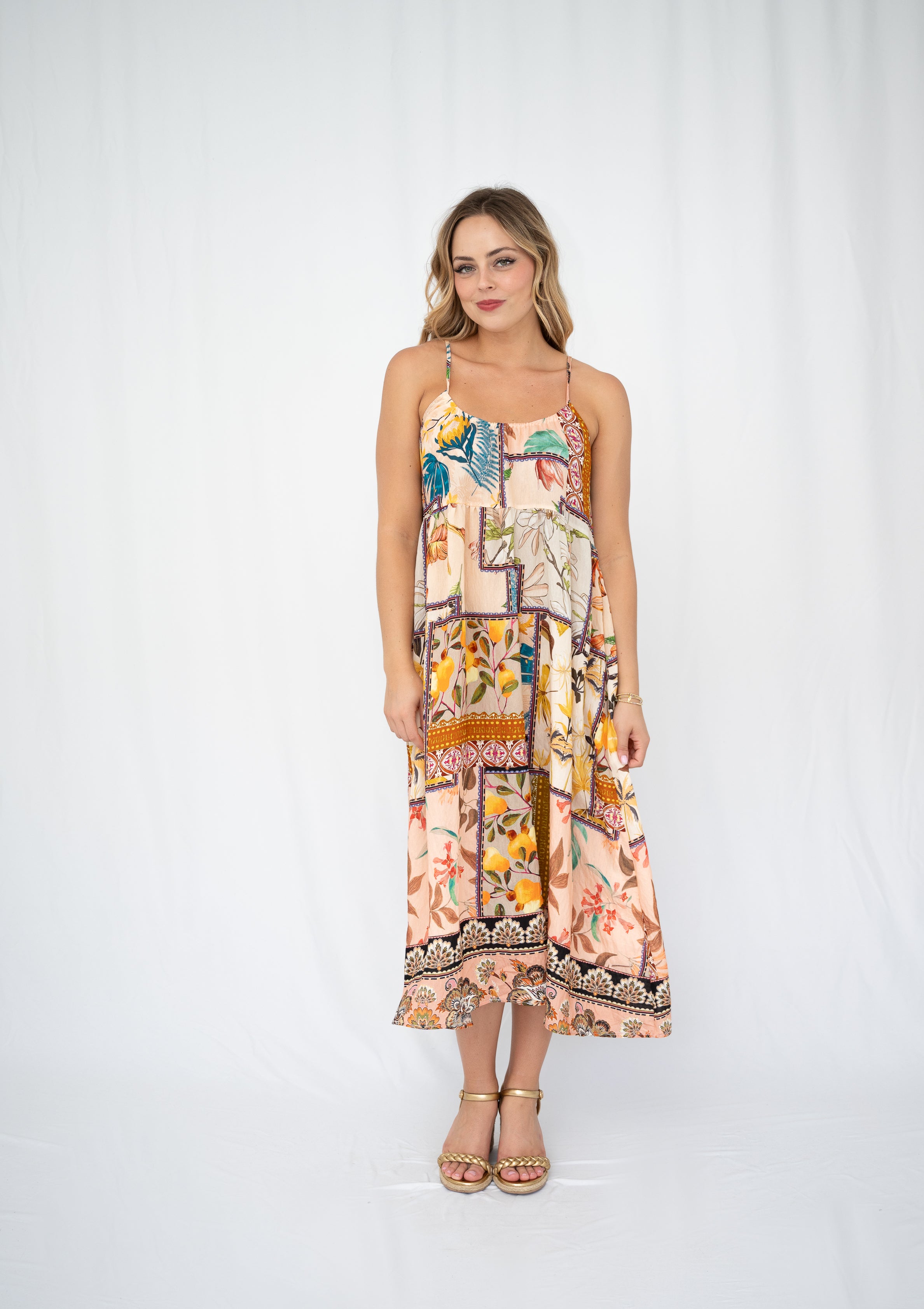 Patchwork Border Cream Midi Dress