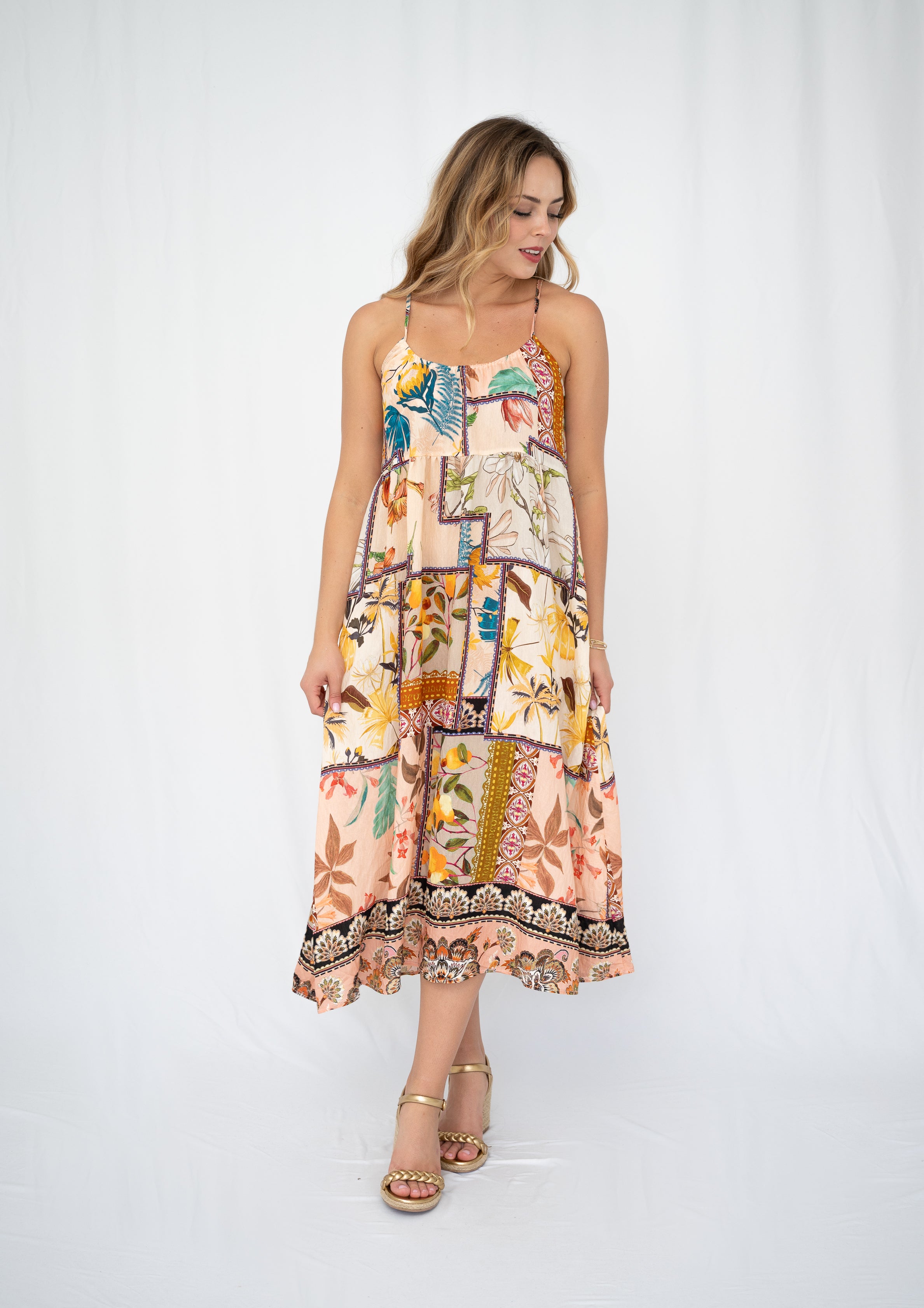 Patchwork Border Cream Midi Dress