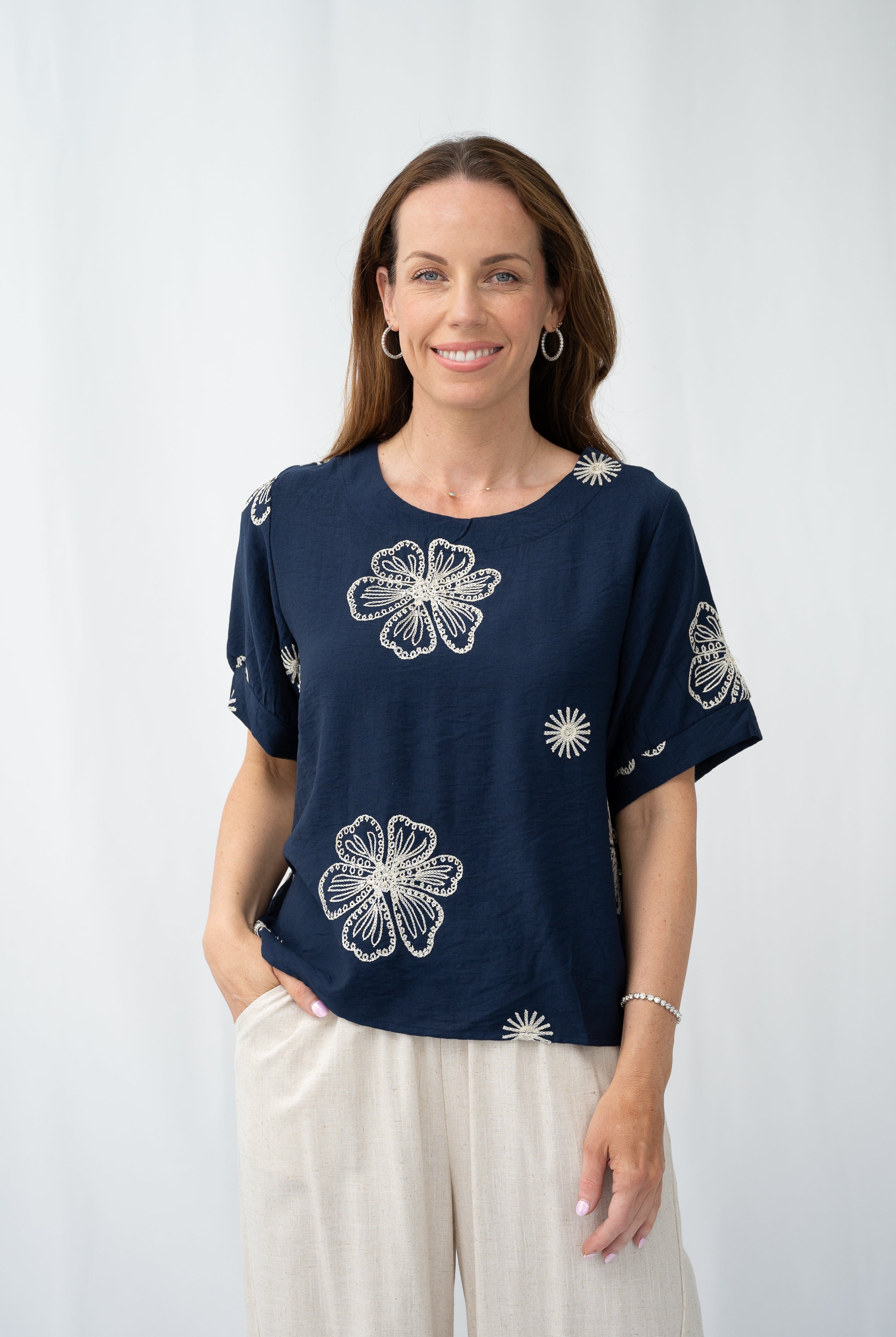 Elice Embroidered Top Navy