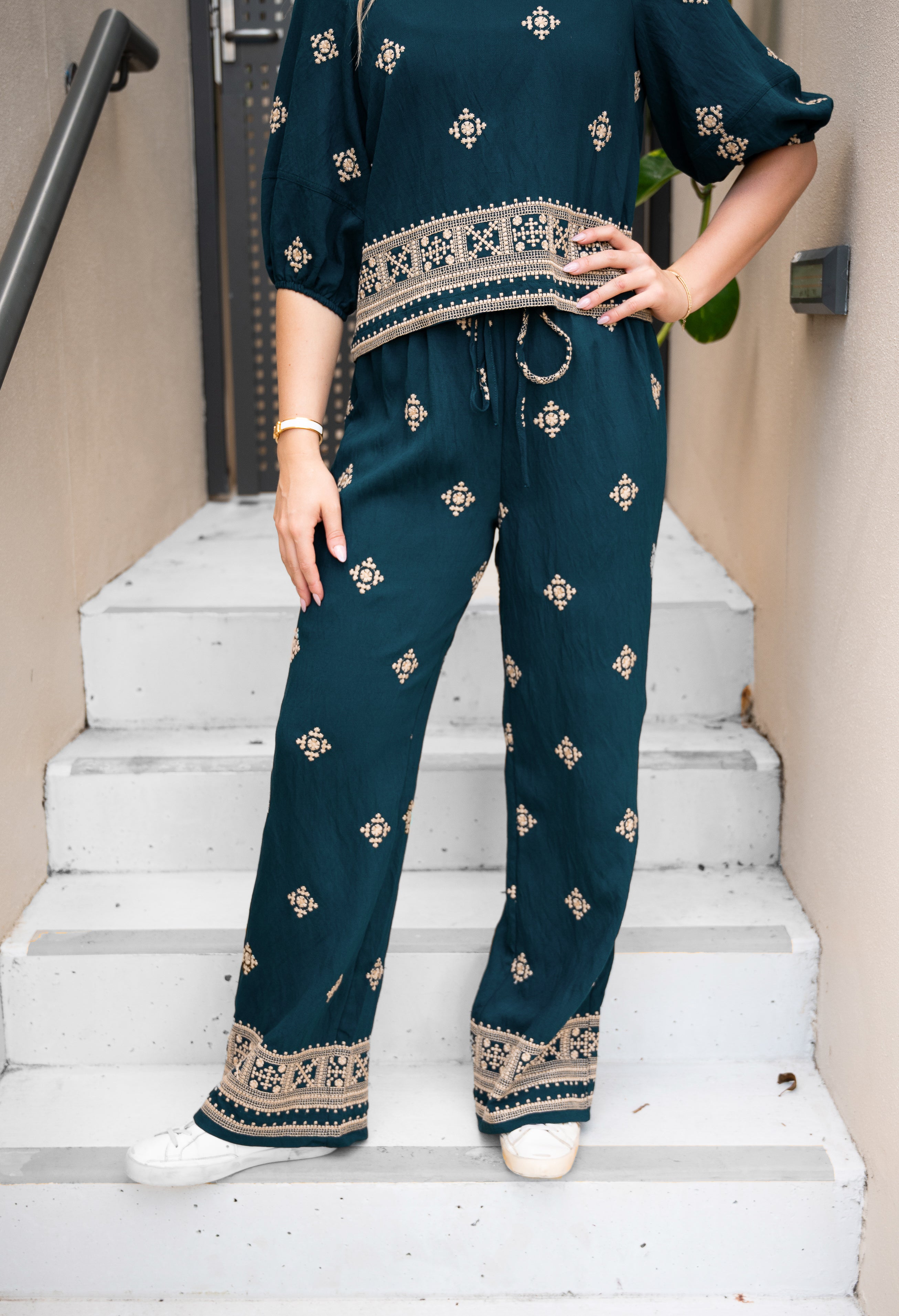 Emberlace Forest Green Embroidered Pant