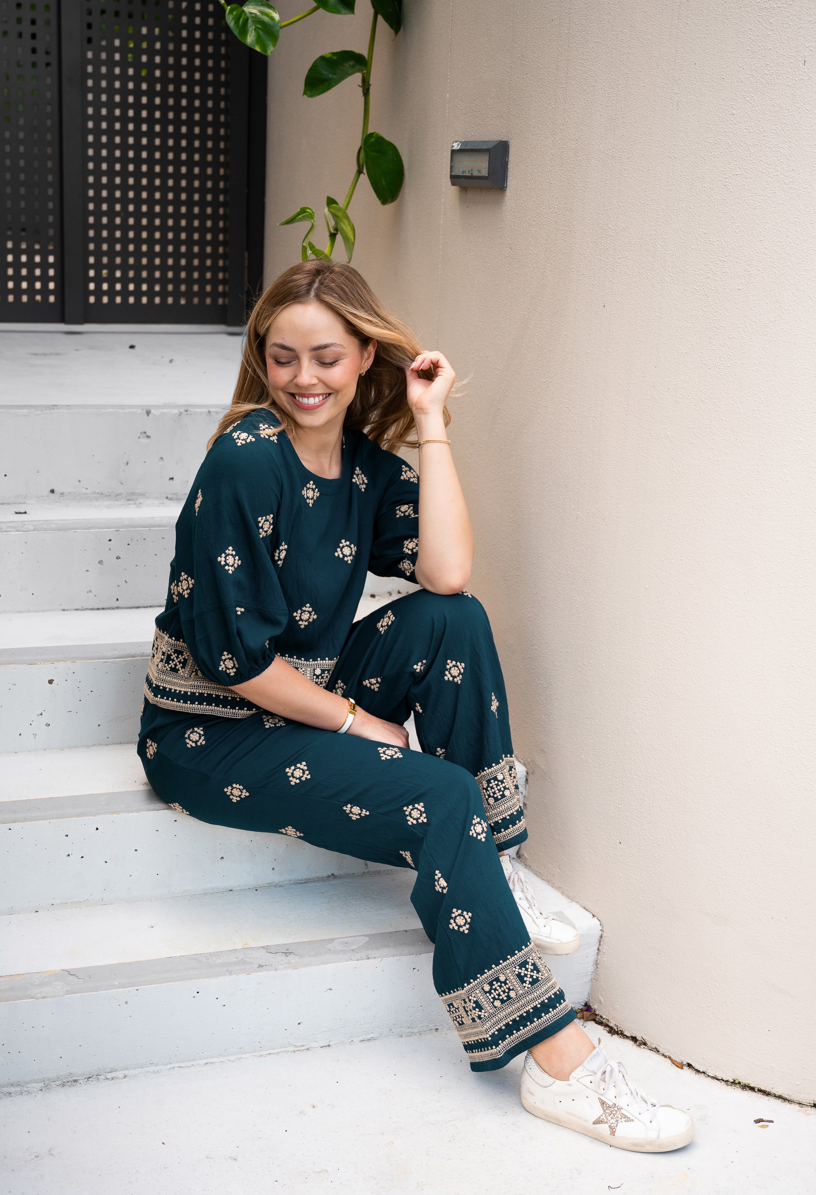 Emberlace Forest Green Embroidered Pant