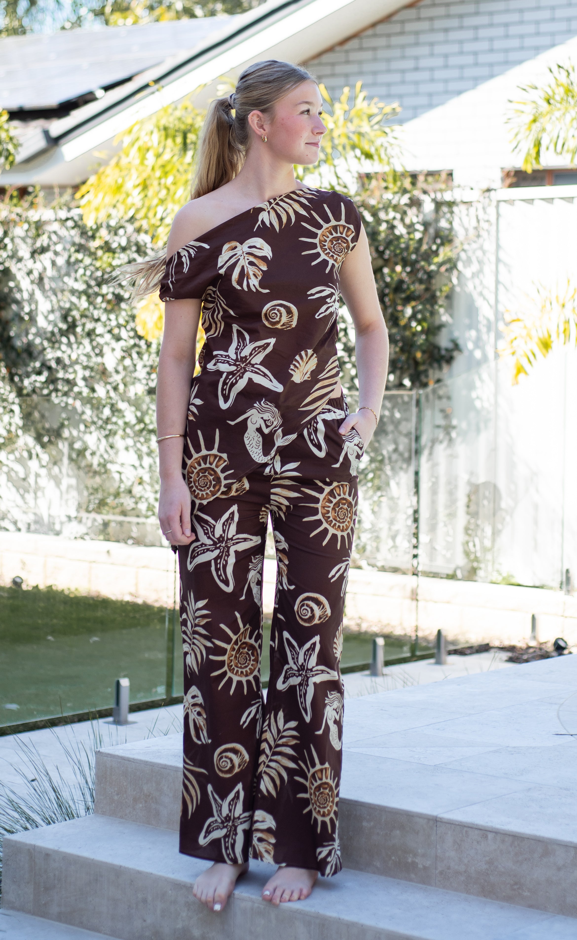 Mermaid Palm One Shoulder Pant Set