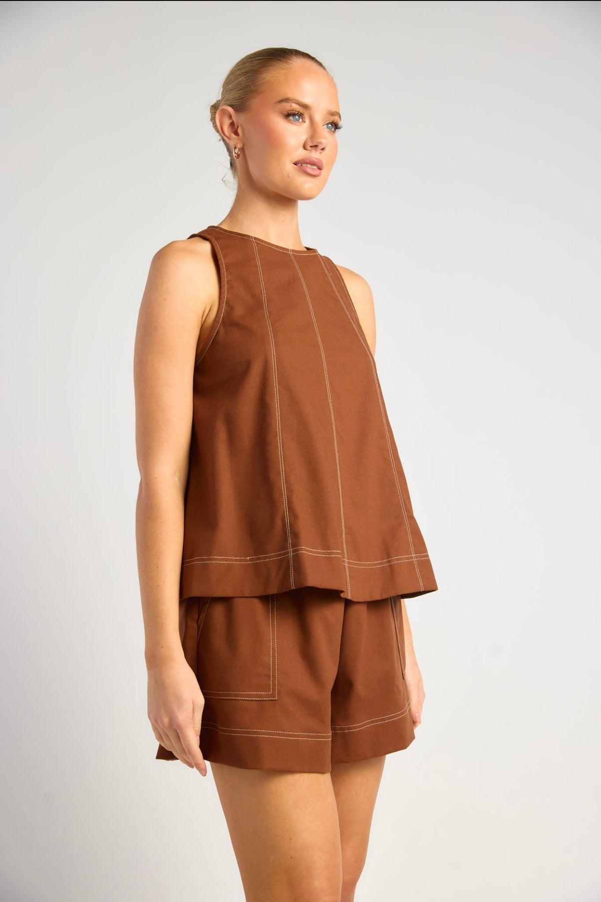 Brianna Cotton Linen Top & Shorts Set Brown