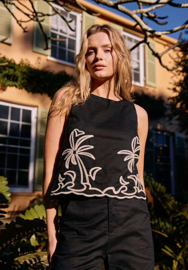 Palm Embroidered Top Black