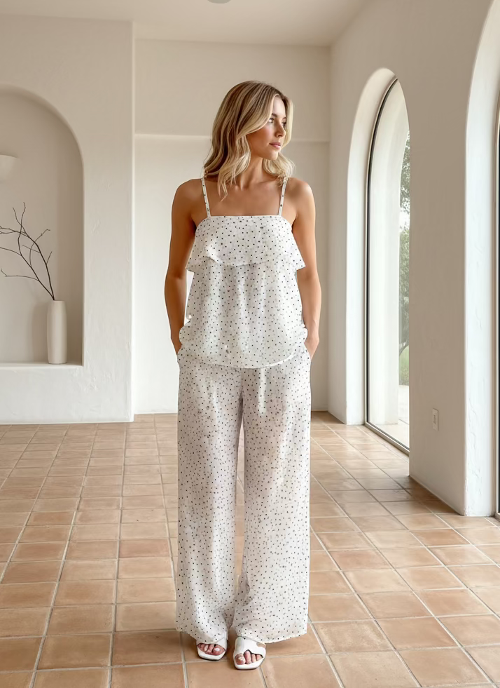 Polka Semi Sheer Pant Set Cream