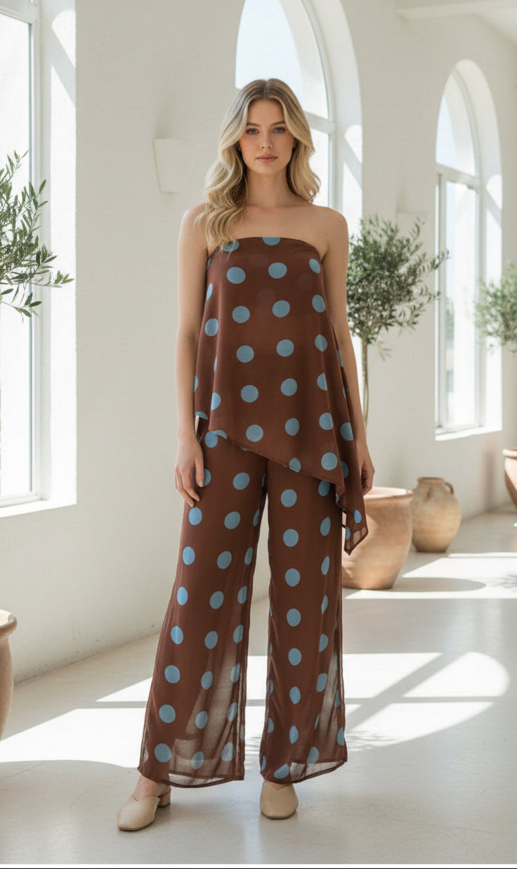 Asymmetric Polka Dot Top & Pant Set