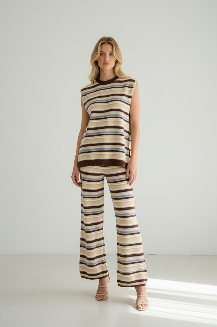 Cassia Knit Split Side Top & Pant Set Stripe