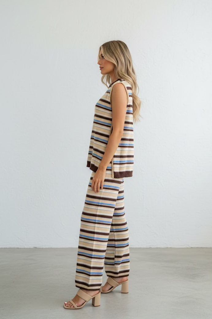 Cassia Knit Split Side Top & Pant Set Stripe