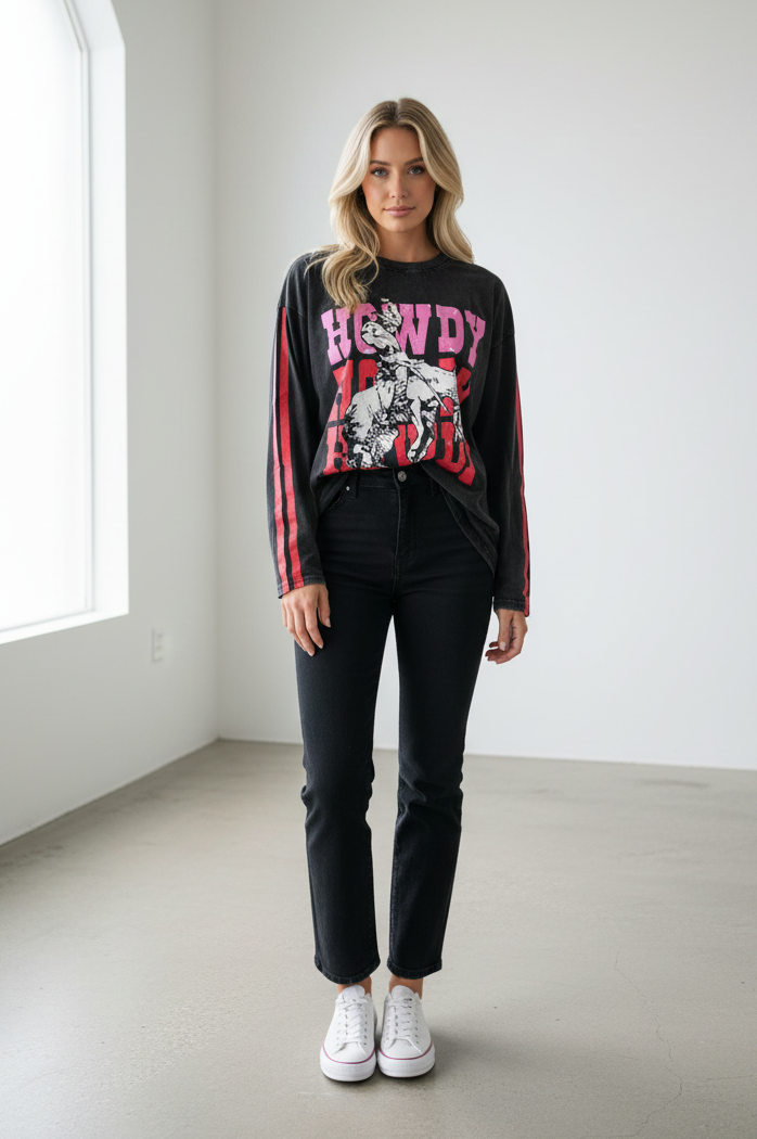 Howdy Black Acid Wash Tee