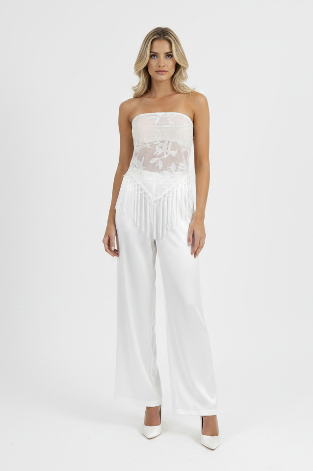 Parisian Dream Fringe Pant Set Pearl White