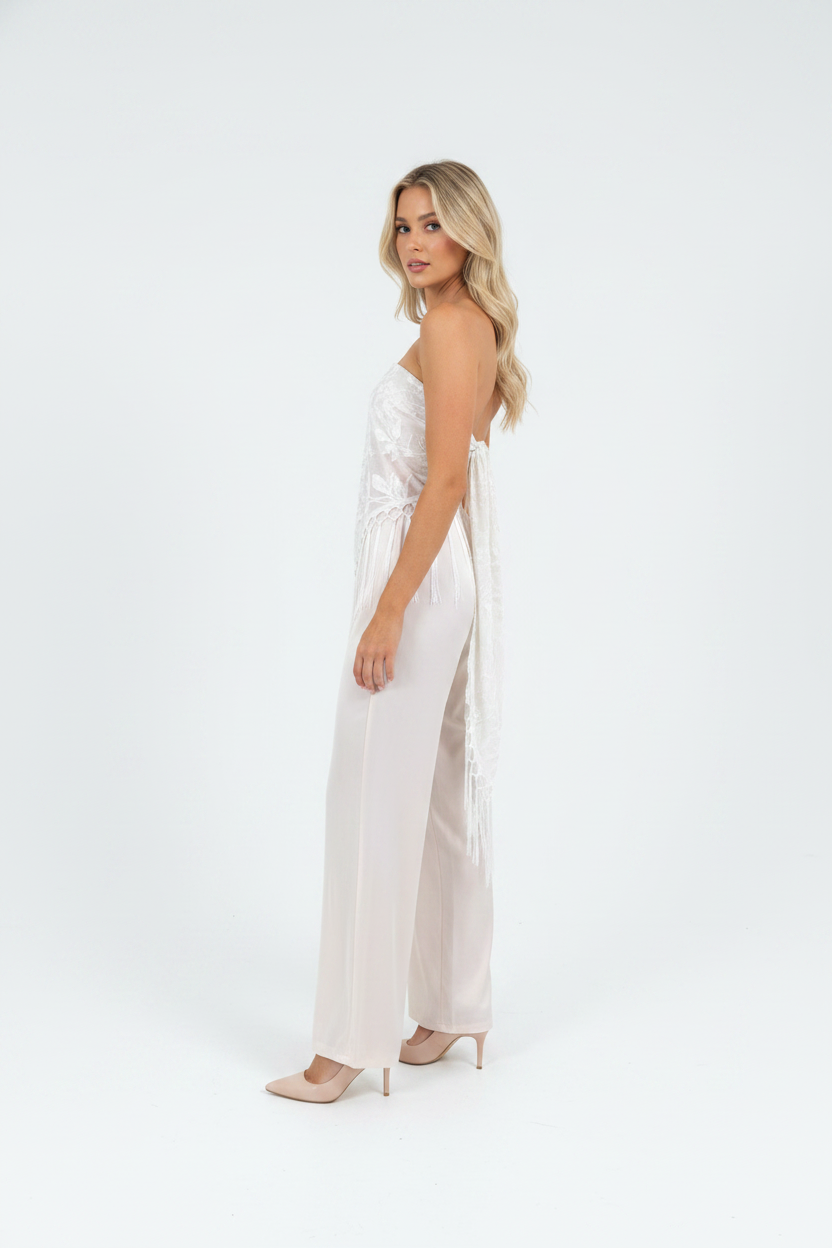 Parisian Dream Fringe Pant Set Pearl White
