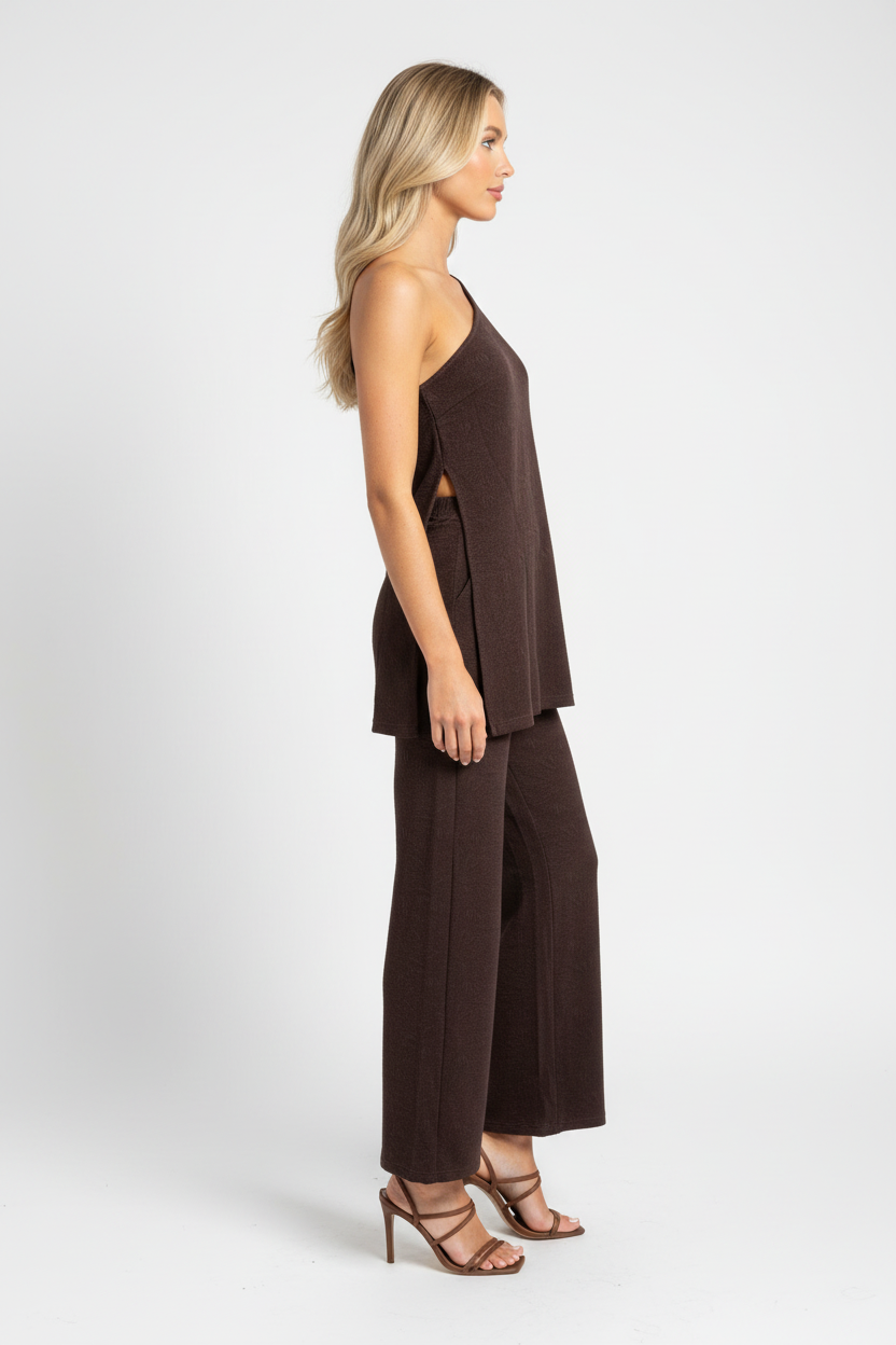 Rebel One Shoulder Top & Pant Set Chocolate