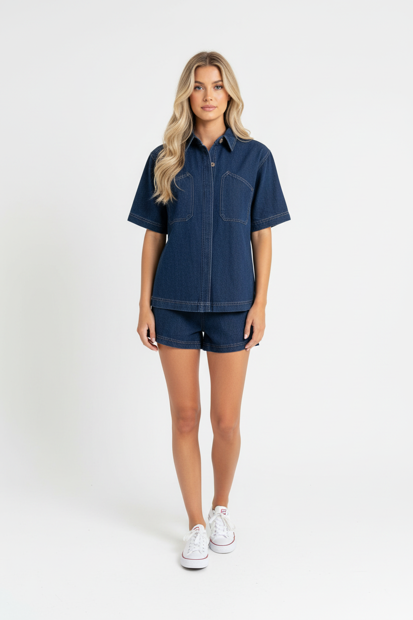 Rhianna Denim Shirt & Short Set Dark