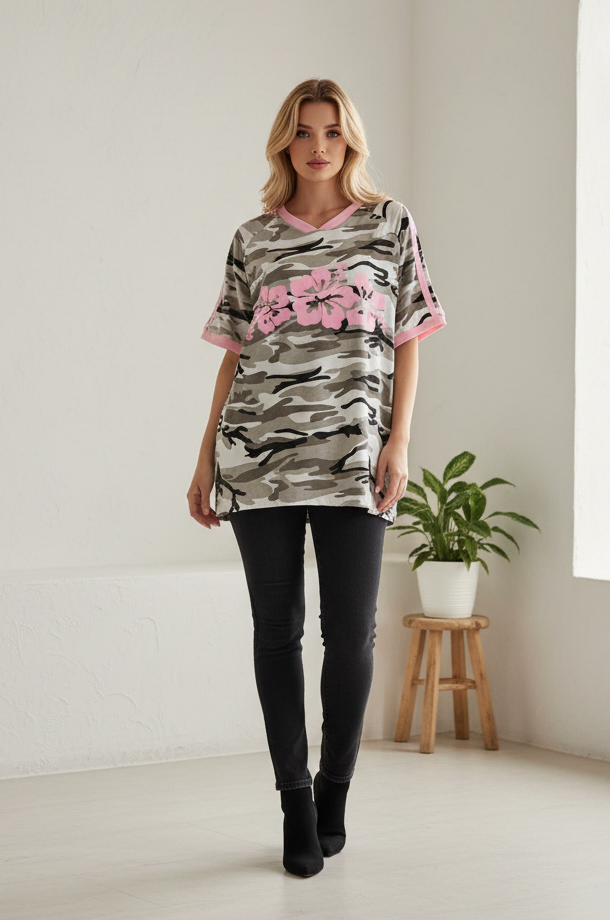 Hibiscus By Frankie Camo Pink Tee