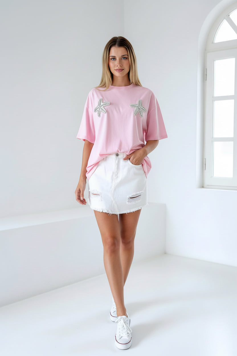 Starfish Boobs Embellished Pink Tee