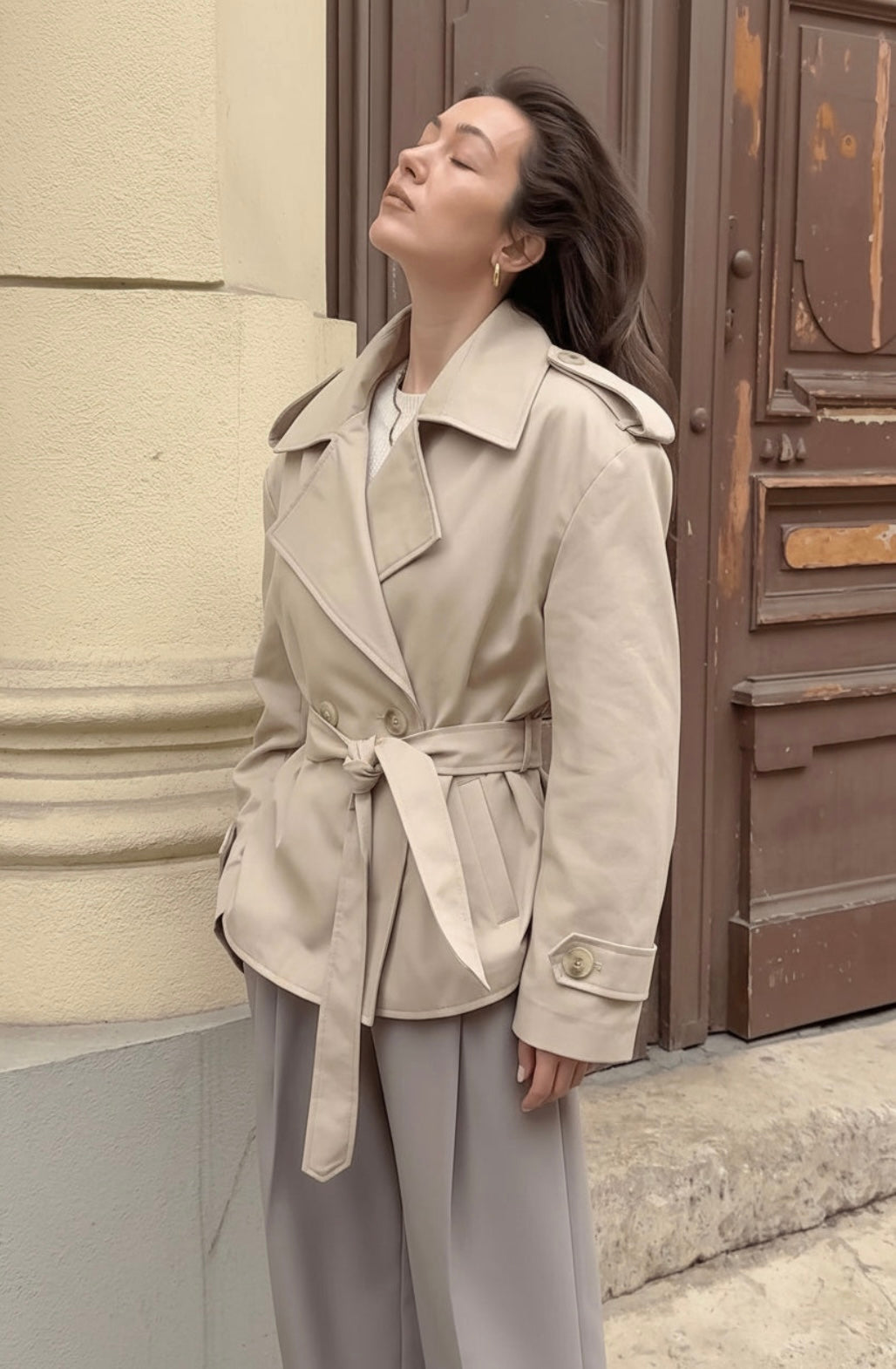 Teagan Cropped Trench Coat in Stone