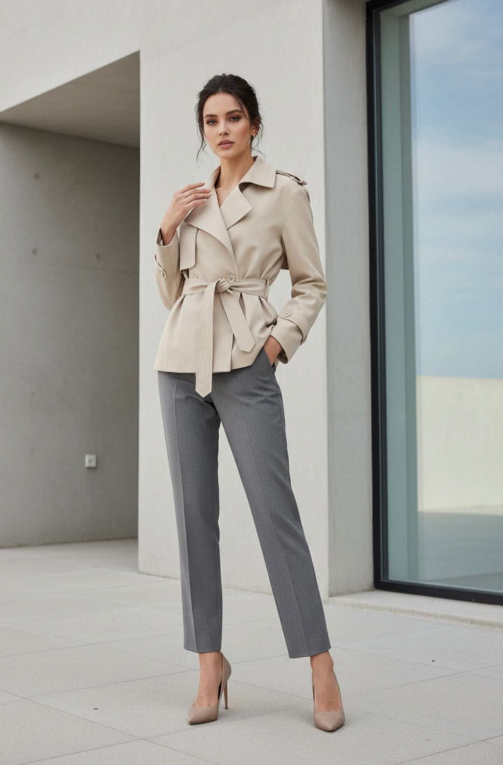 Teagan Cropped Trench Coat in Stone