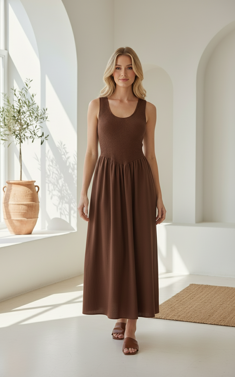 Sheridan Shirred Maxi Dress Chocolate