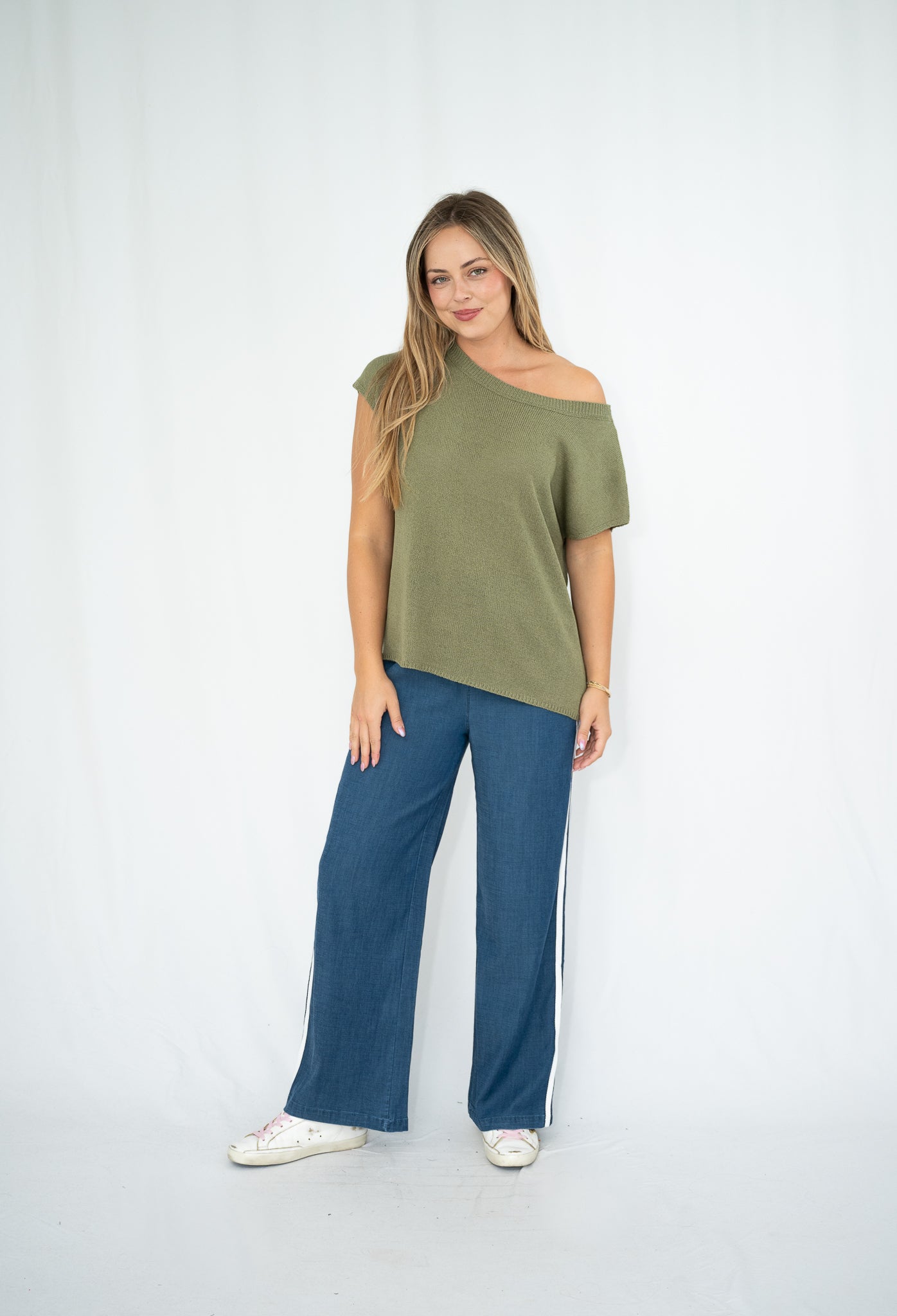 Lia Off-Shoulder Knit Top Khaki