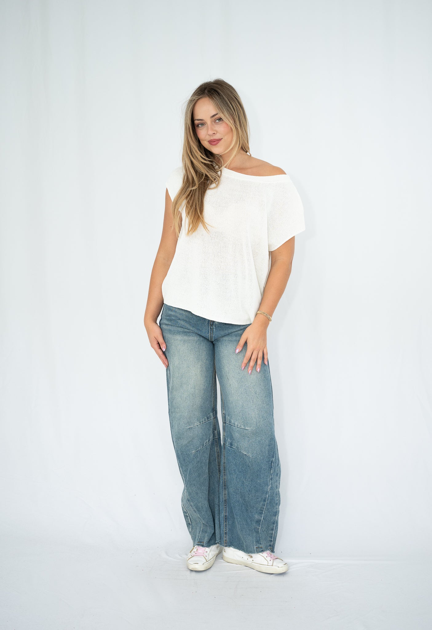 Lia Off-Shoulder Knit Top White