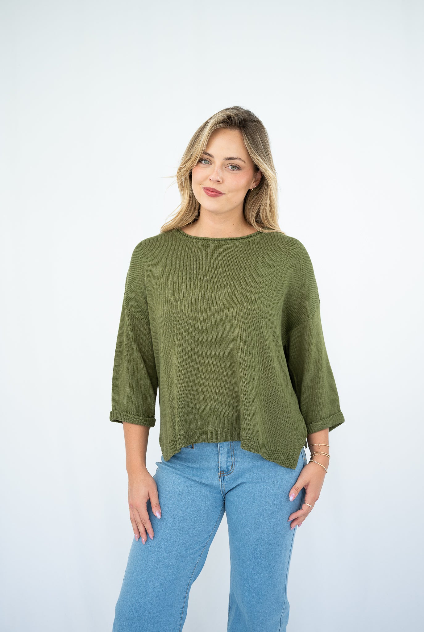 Jackie 3/4 Sleeve Knit Top Khaki