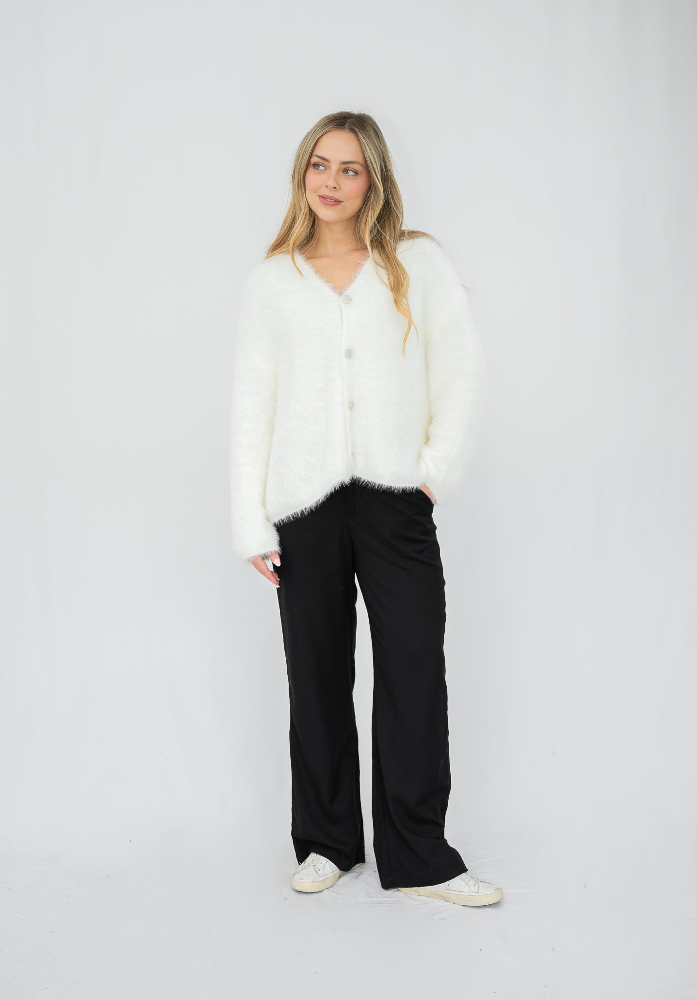 Adele Fluffy Knit Cardigan Baby White