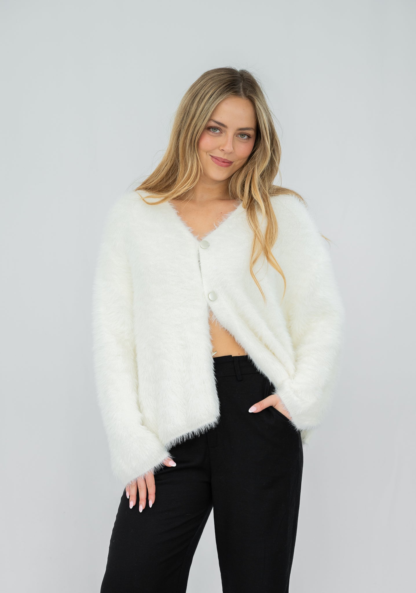 Adele Fluffy Knit Cardigan Baby White