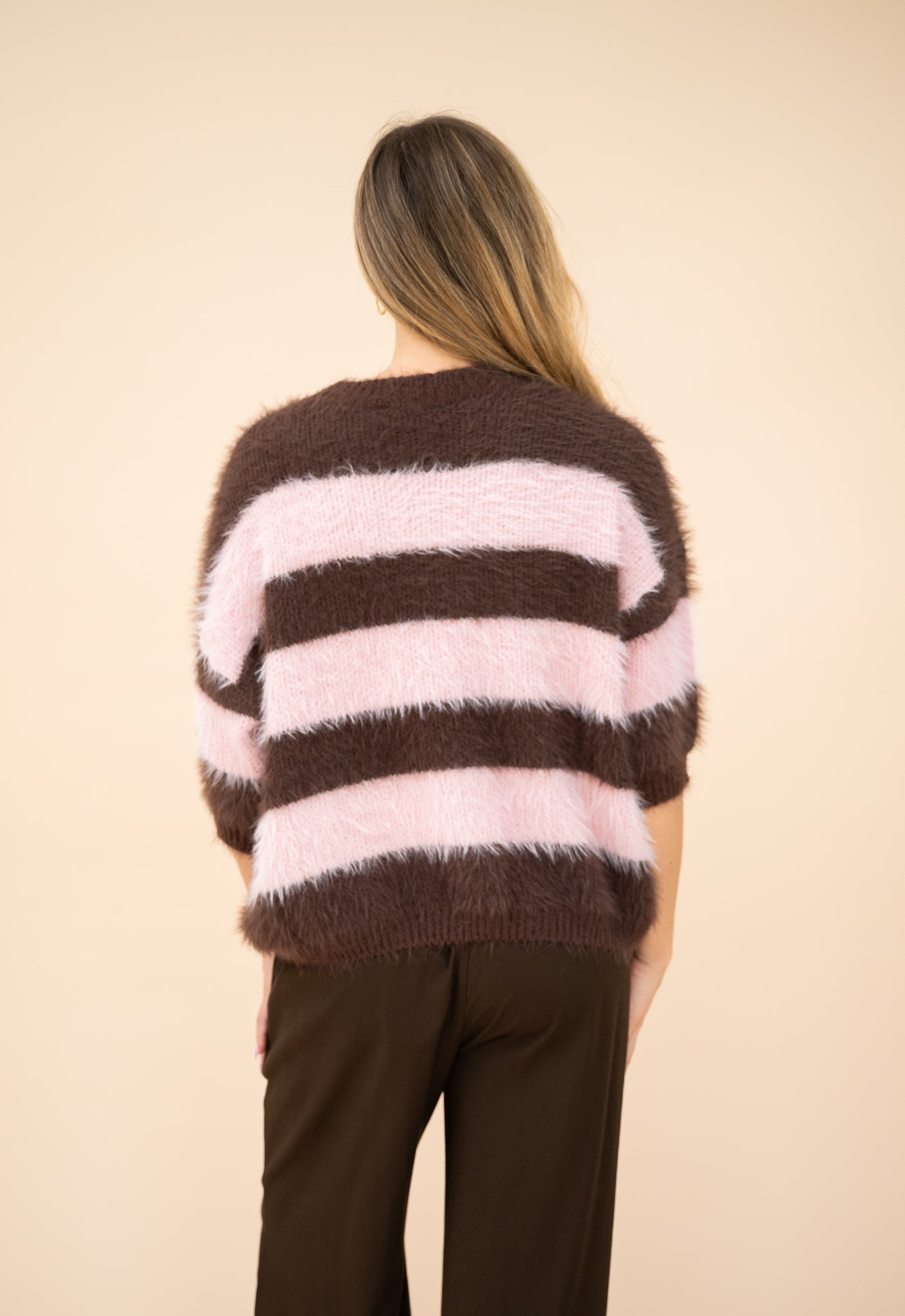 Naylor Stripe Fluffy Jumper Pink/Choc