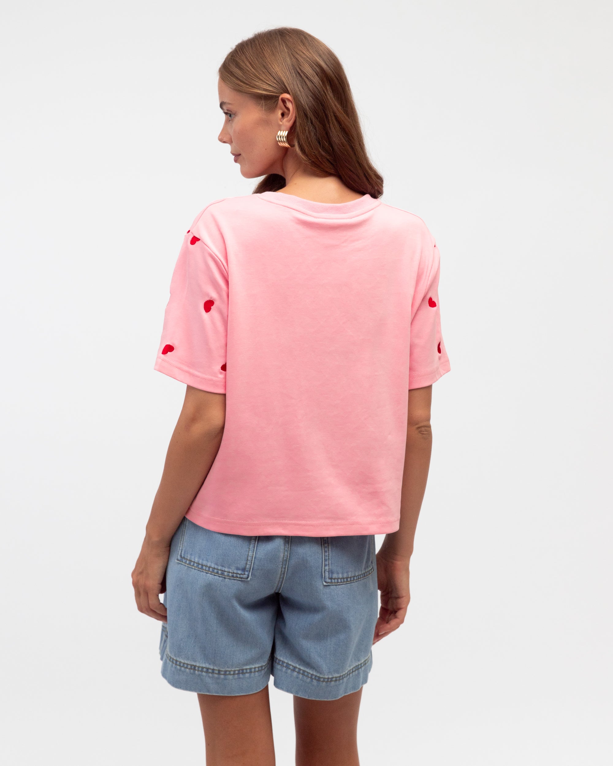 Heart Embroidered Tee Pink