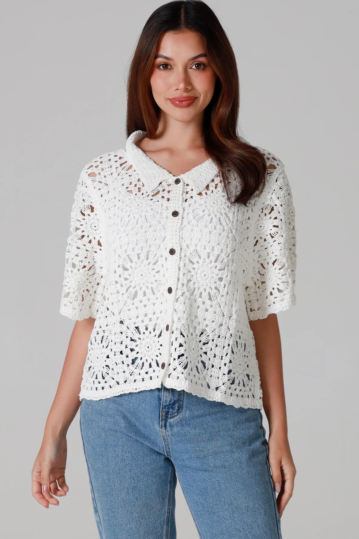 Crochet Collared Top White