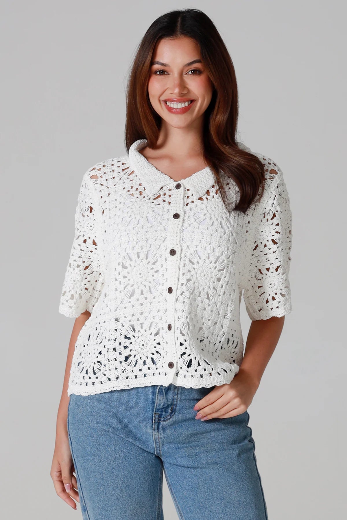 Crochet Collared Top White
