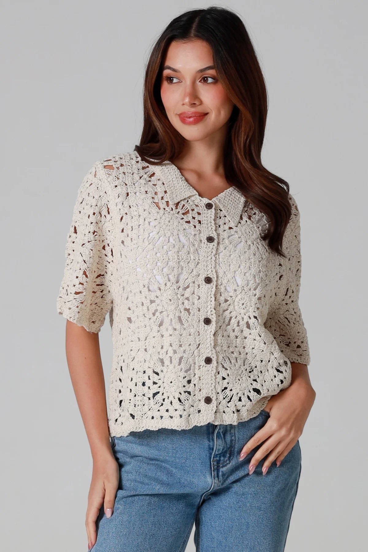 Crochet Collared Top Beige