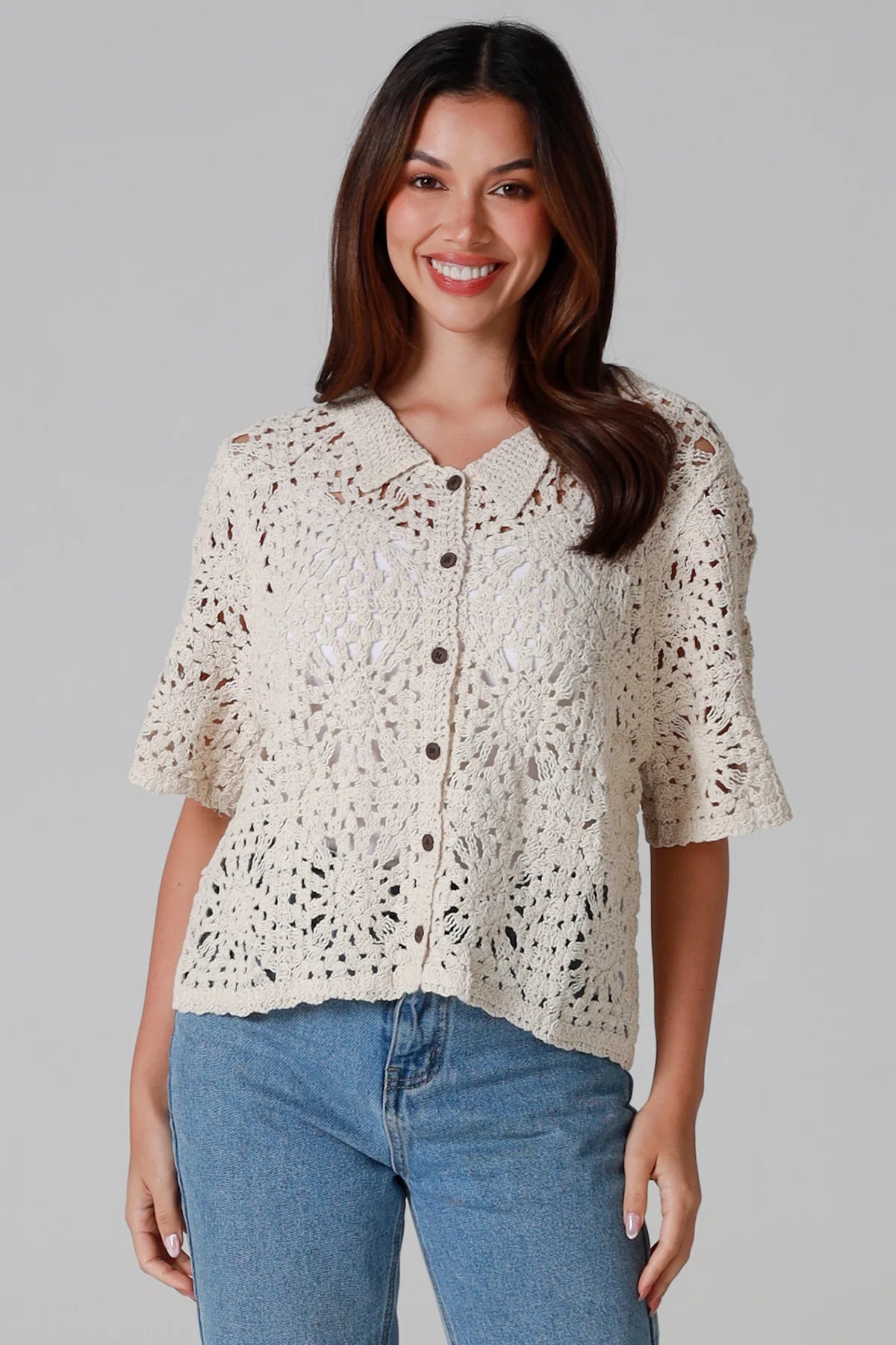 Crochet Collared Top Beige