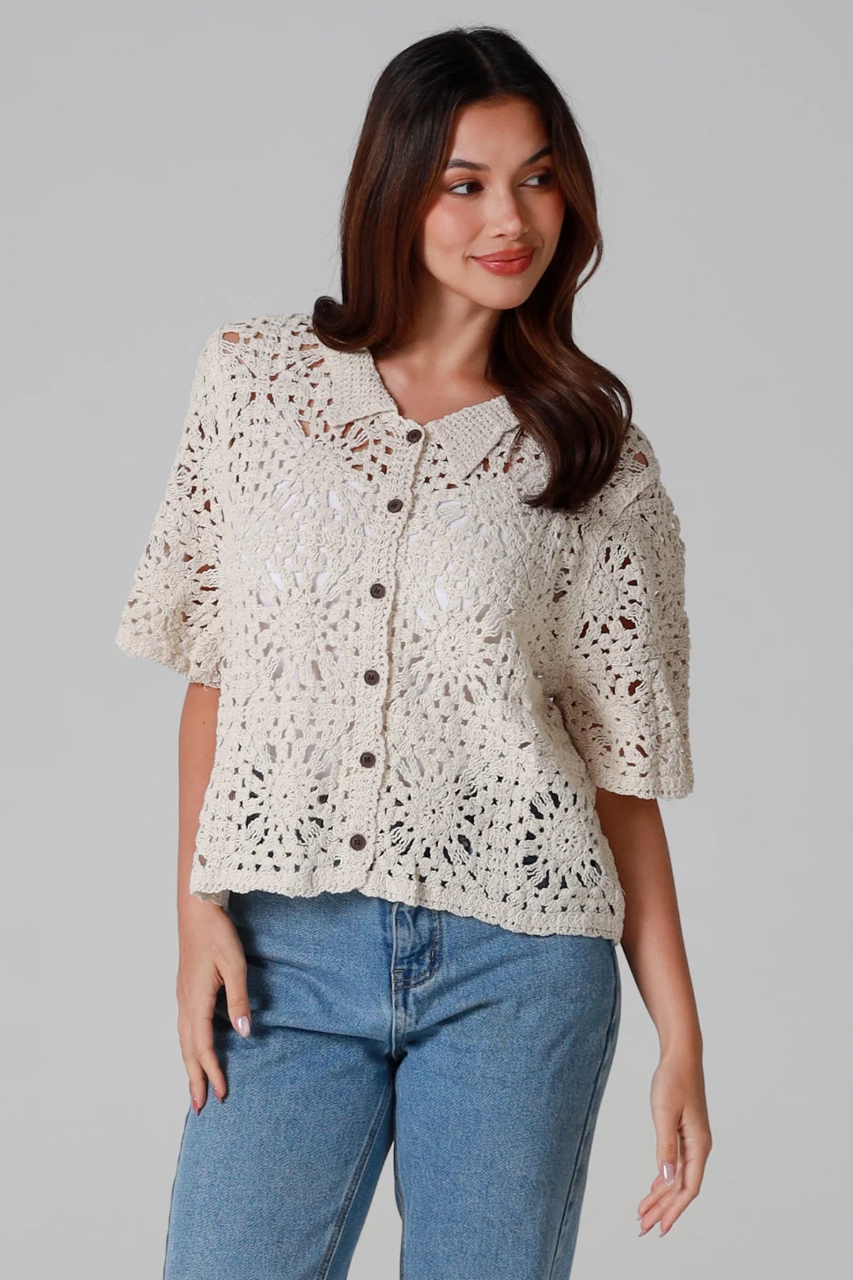 Crochet Collared Top Beige