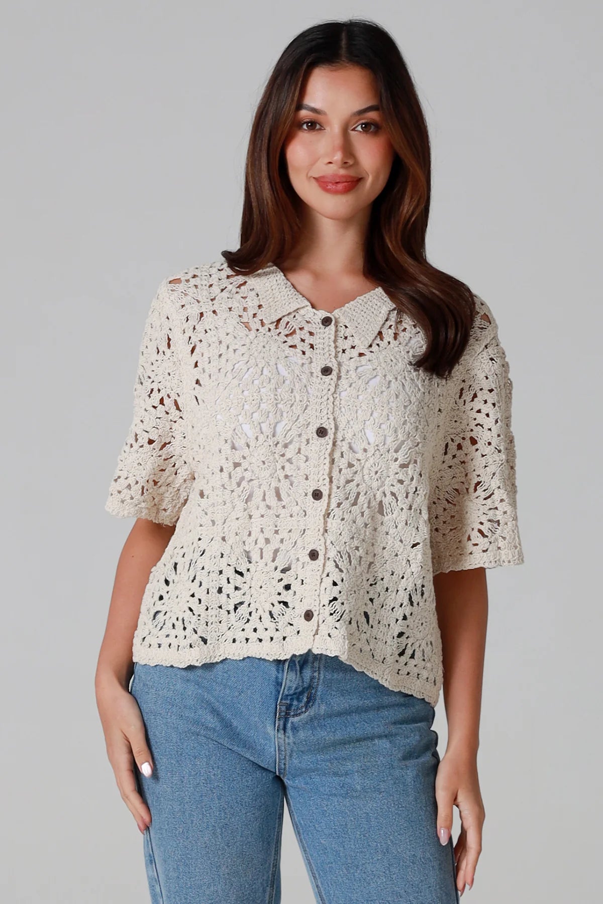 Crochet Collared Top Beige
