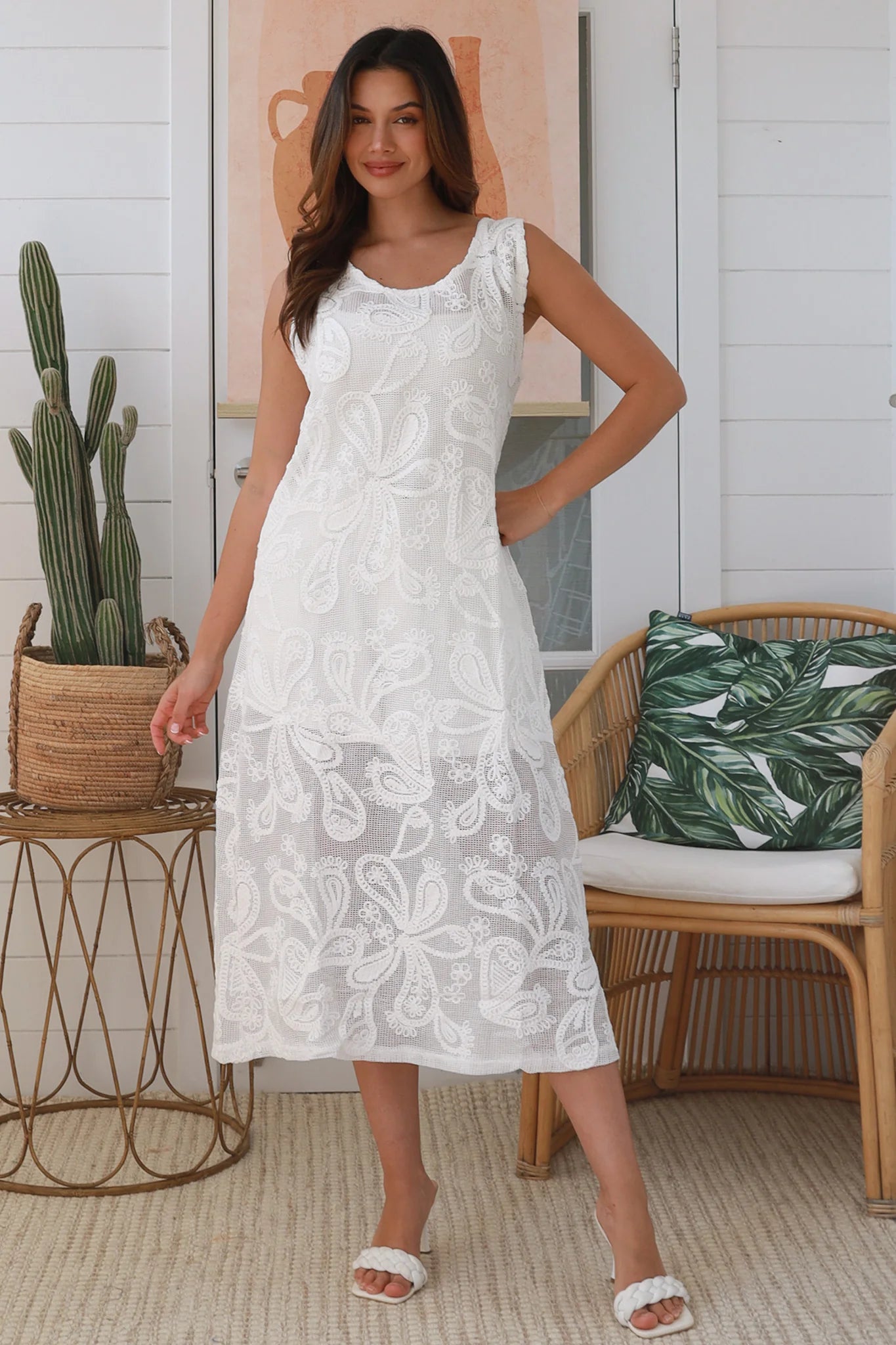 Darlene Crochet Midi Dress White