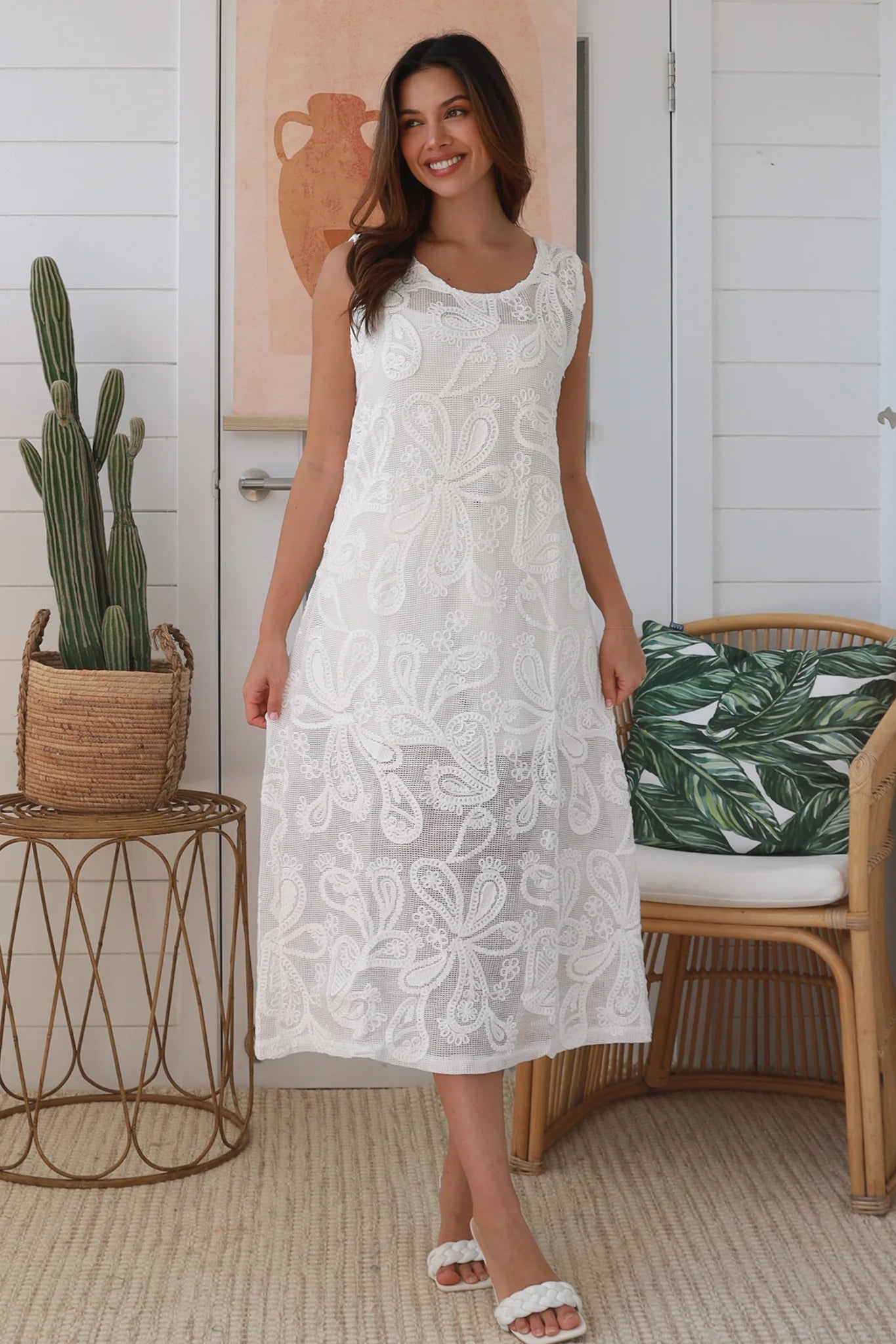 Darlene Crochet Midi Dress White