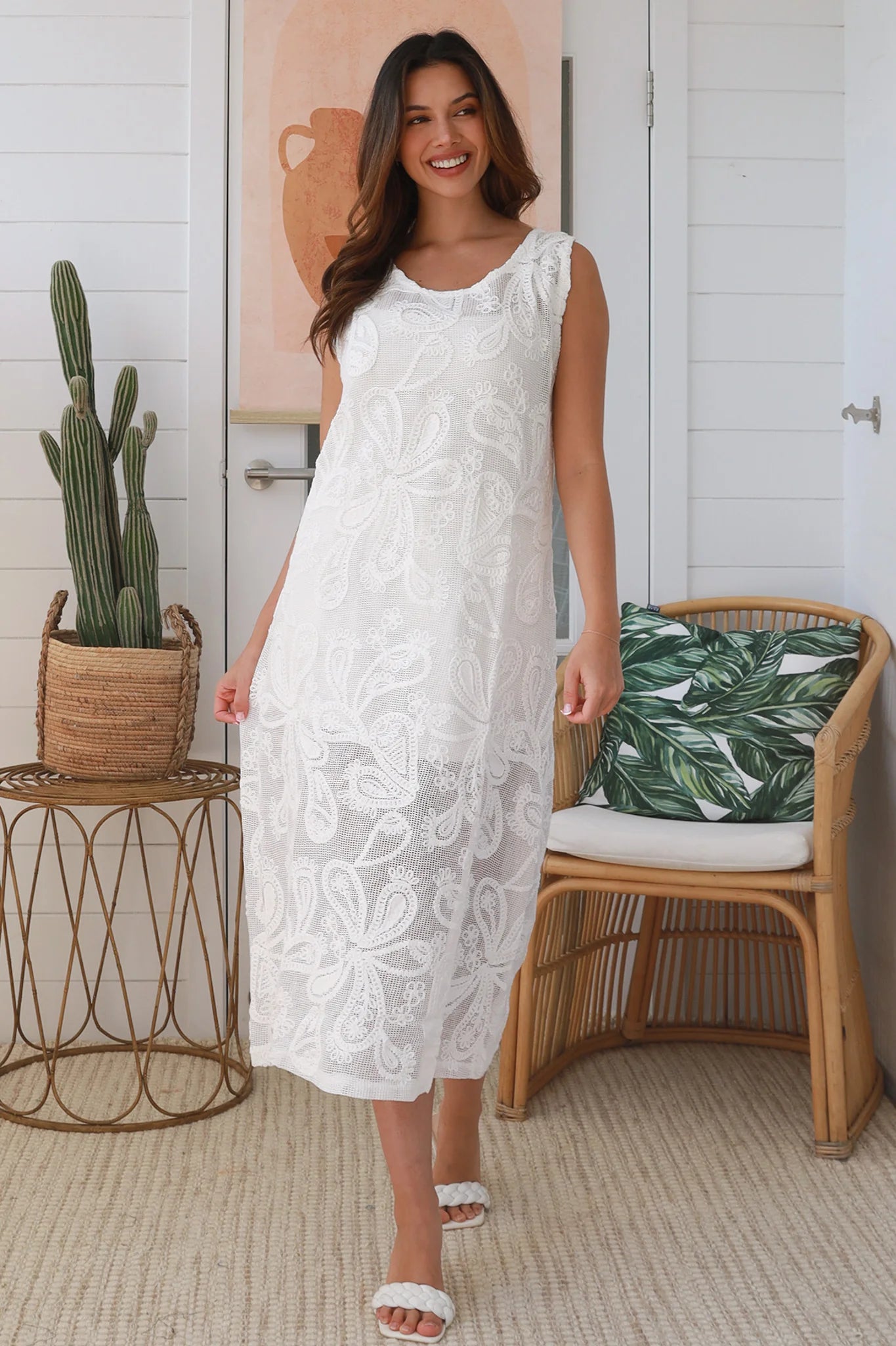 Darlene Crochet Midi Dress White