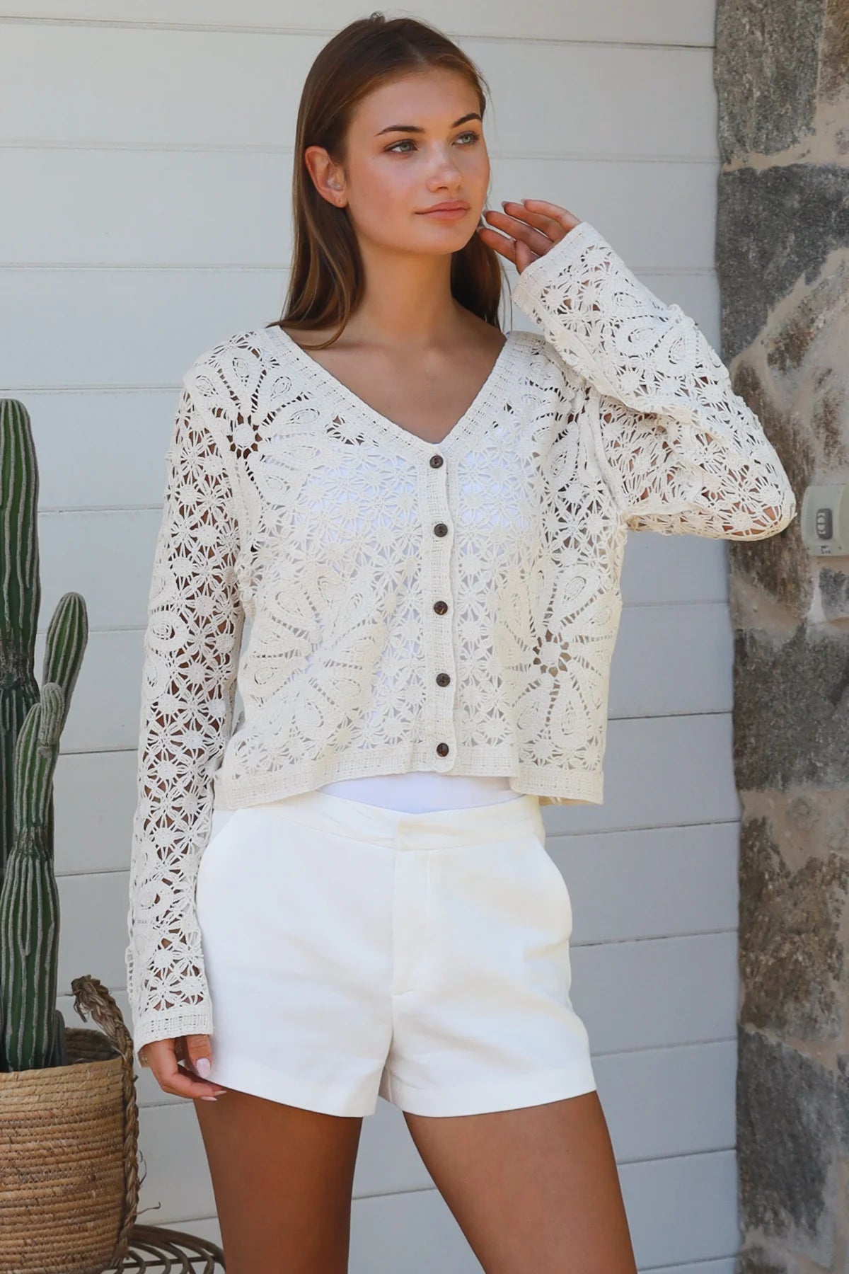 Willow Long Sleeve Crochet Top Beige