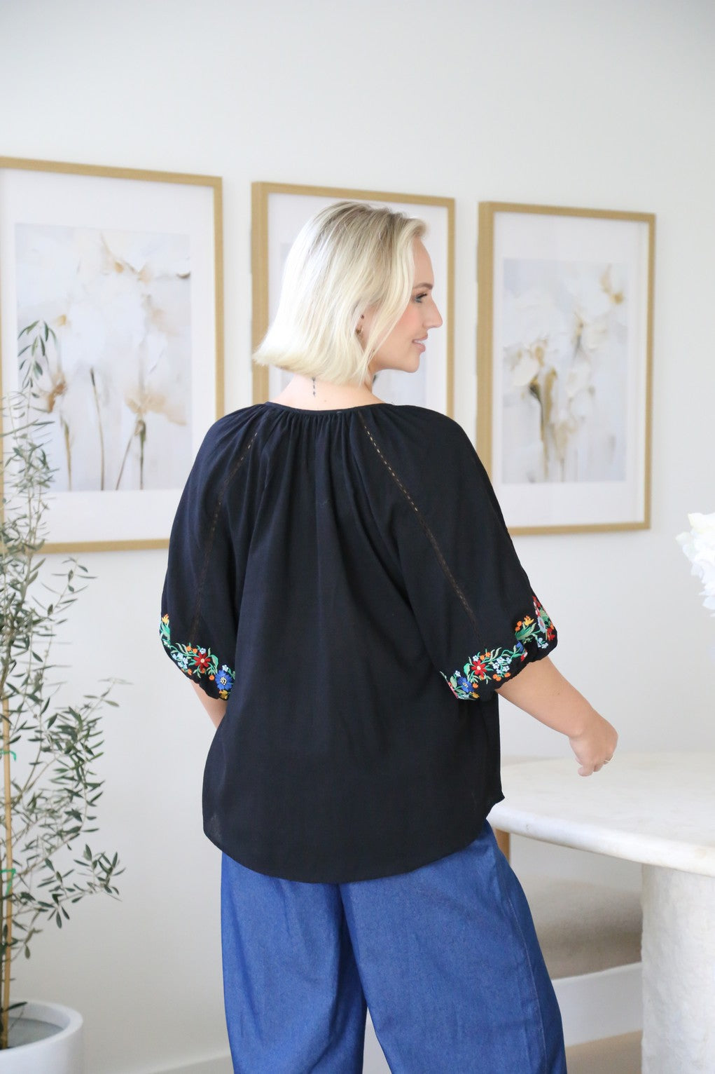 Floral Embroidered Top Black