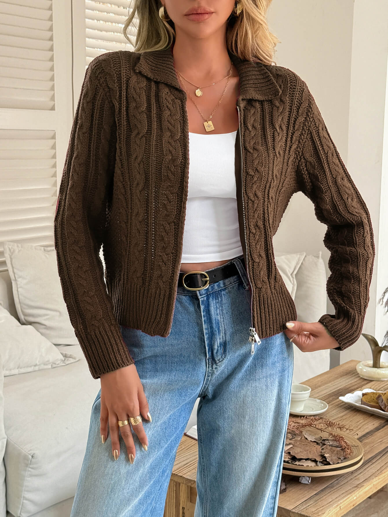 Emily Crop Zip-Up Cardigan Chocolate