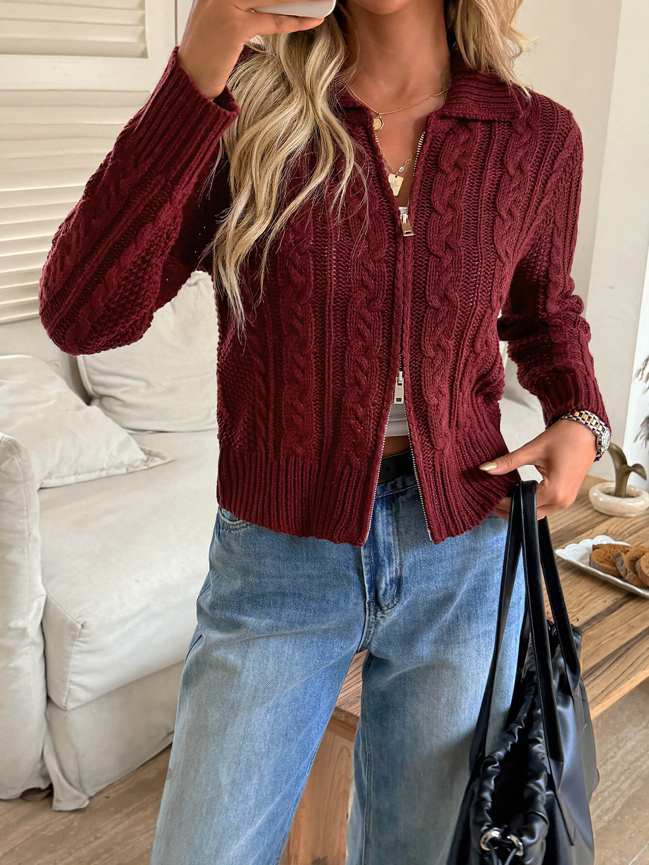Emily Crop Zip-Up Cardigan Wine